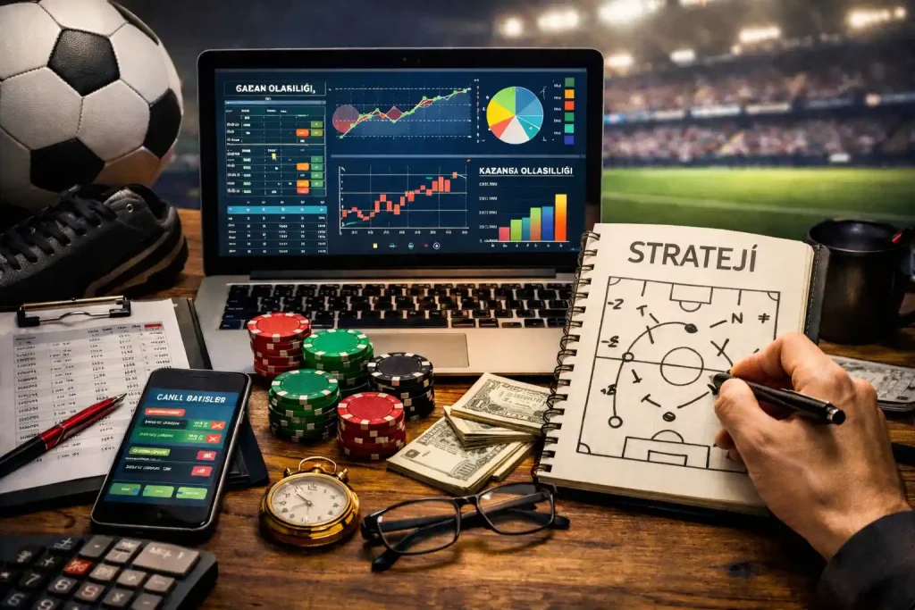 Spor bahisleri stratejisini anlatan sahne: istatistik grafikleri açık dizüstü bilgisayar, canlı bahis uygulaması, kuponlar, poker fişleri ve taktik not defteriyle sistemli bahis analizi